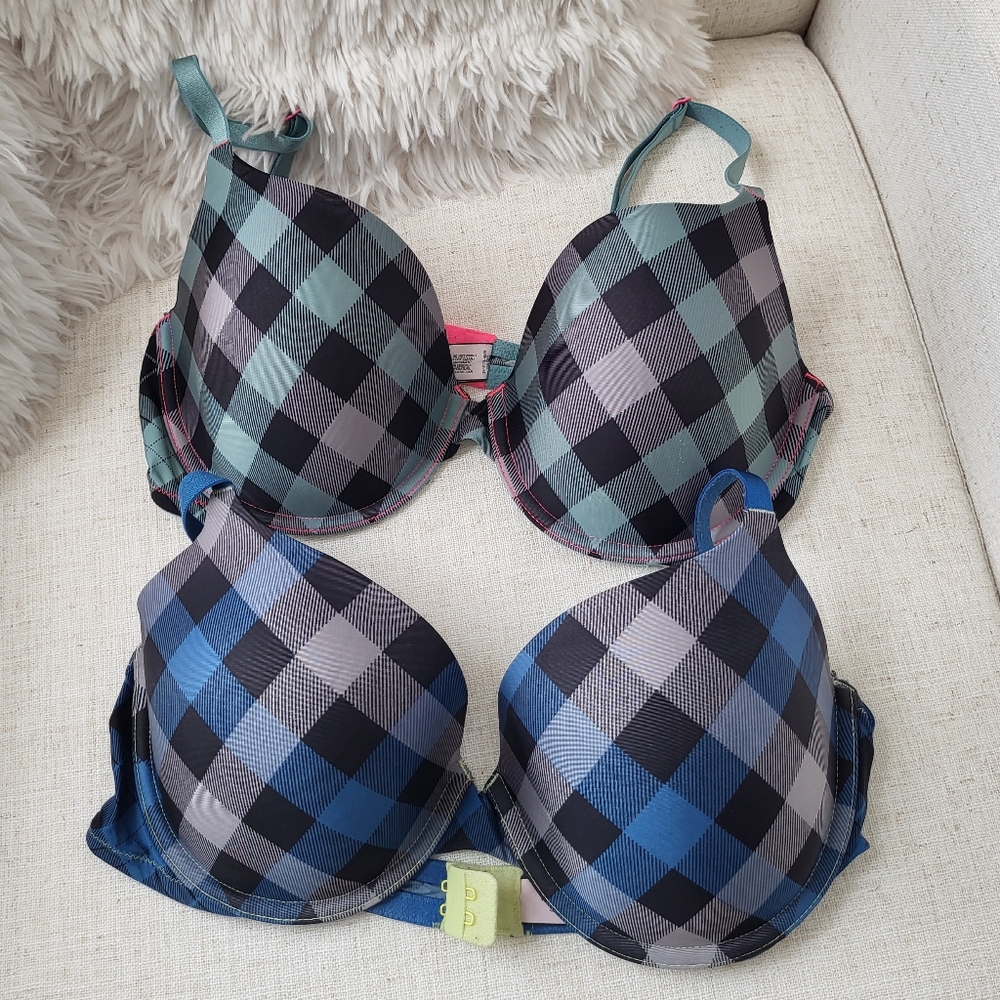 Victoria's Secret Plaid Push-Up Bras in Teal/Black and Blue/Black